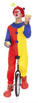 A clown juggles while riding a unicycle