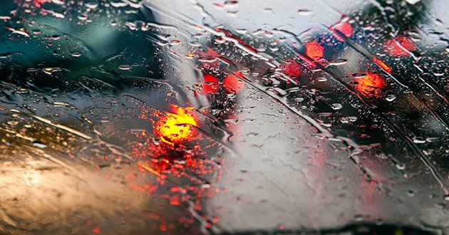 Driver point of view of in rainy conditions.