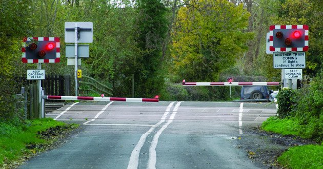 Level crossing barriers active, crossing signals flash red, day.