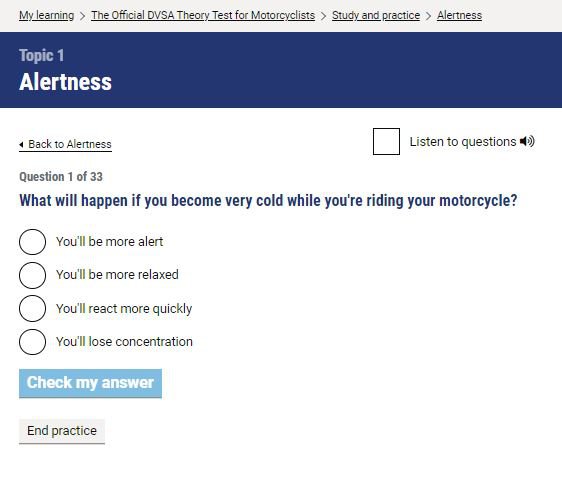 Official DVSA Theory Test Kit for Motorcyclists question screenshot