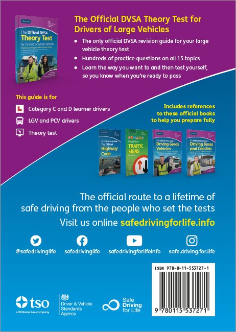 Theory test for large good vehicles, official product back cover image.