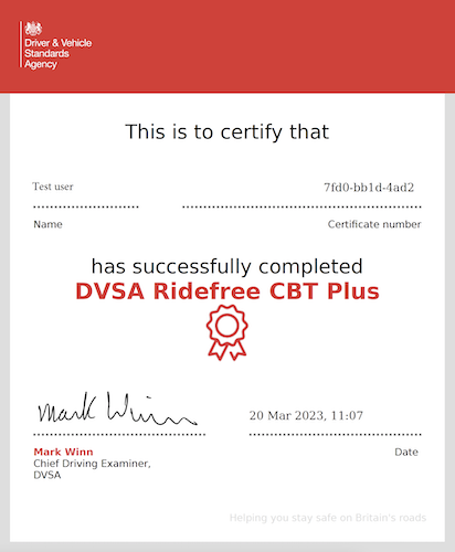 Ridefree - Completed Certificate